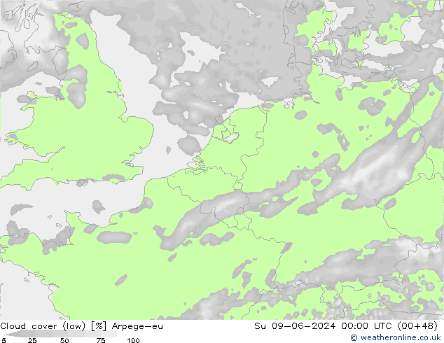 Cloud cover (low) Arpege-eu Su 09.06.2024 00 UTC