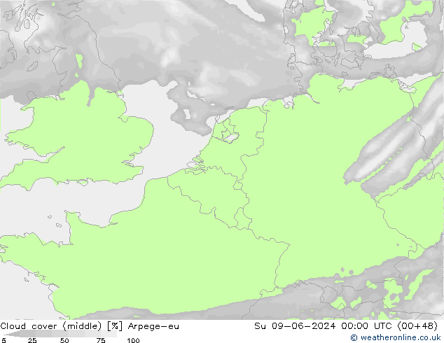 Cloud cover (middle) Arpege-eu Su 09.06.2024 00 UTC