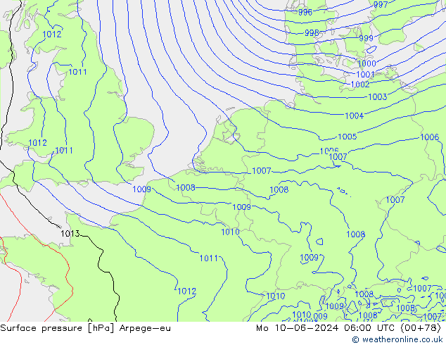 Surface pressure Arpege-eu Mo 10.06.2024 06 UTC