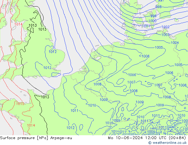 Surface pressure Arpege-eu Mo 10.06.2024 12 UTC