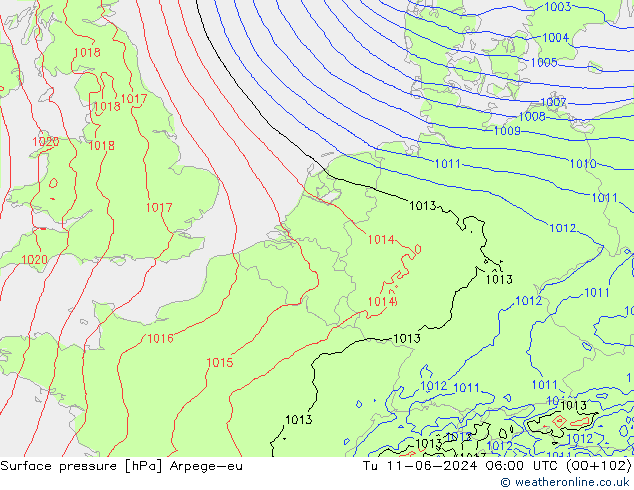 Surface pressure Arpege-eu Tu 11.06.2024 06 UTC