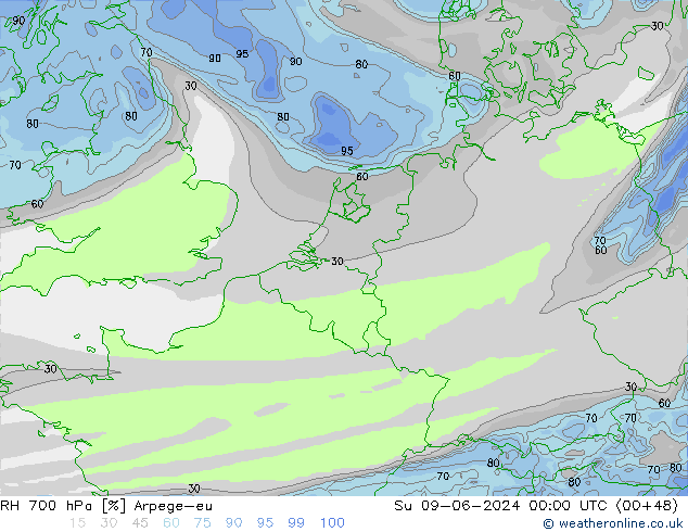 RH 700 hPa Arpege-eu Su 09.06.2024 00 UTC