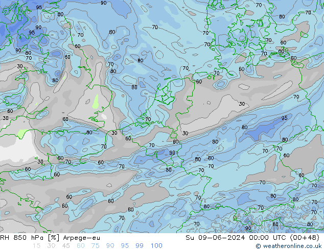 RH 850 гПа Arpege-eu Вс 09.06.2024 00 UTC