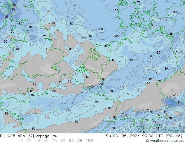 RH 925 hPa Arpege-eu Ne 09.06.2024 00 UTC