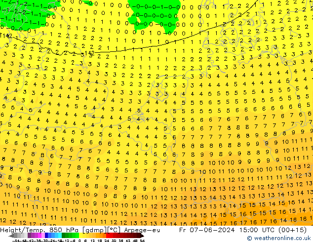 Hoogte/Temp. 850 hPa Arpege-eu vr 07.06.2024 15 UTC