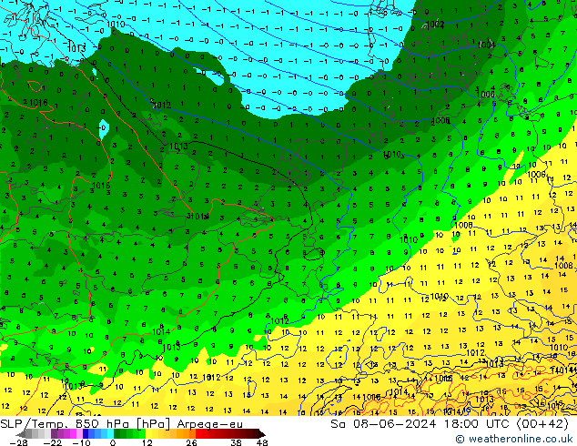 SLP/Temp. 850 hPa Arpege-eu Sa 08.06.2024 18 UTC