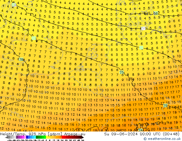 Height/Temp. 925 hPa Arpege-eu So 09.06.2024 00 UTC