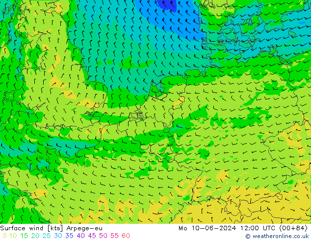 wiatr 10 m Arpege-eu pon. 10.06.2024 12 UTC