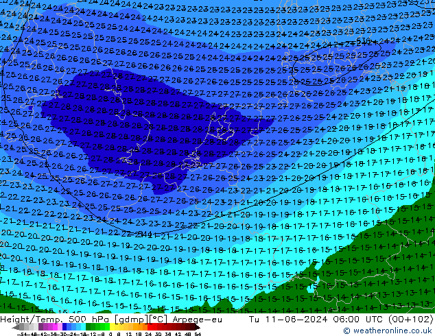 Height/Temp. 500 hPa Arpege-eu Tu 11.06.2024 06 UTC