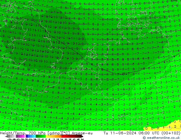 Hoogte/Temp. 700 hPa Arpege-eu di 11.06.2024 06 UTC