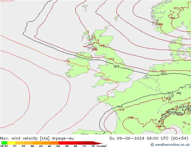 Max. wind snelheid Arpege-eu zo 09.06.2024 06 UTC