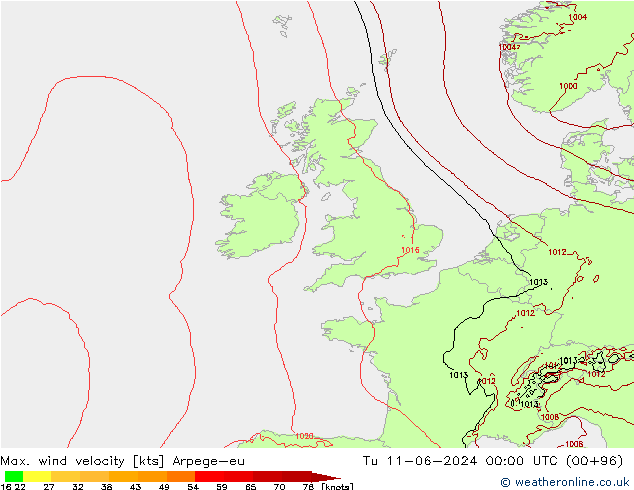 Max. wind velocity Arpege-eu Tu 11.06.2024 00 UTC