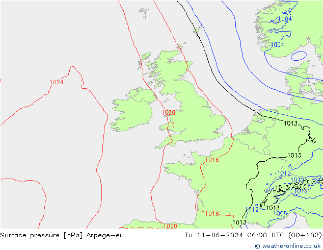 Surface pressure Arpege-eu Tu 11.06.2024 06 UTC