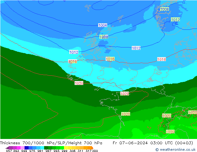 Thck 700-1000 hPa Arpege-eu ven 07.06.2024 03 UTC