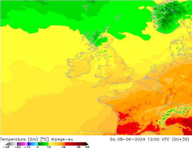 Temperatura (2m) Arpege-eu Sáb 08.06.2024 12 UTC