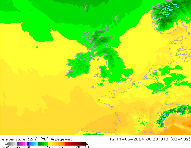 température (2m) Arpege-eu mar 11.06.2024 06 UTC