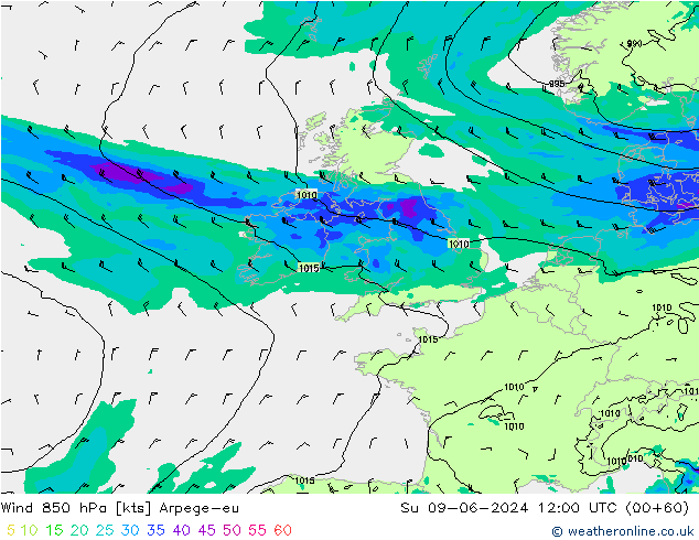 Vento 850 hPa Arpege-eu dom 09.06.2024 12 UTC