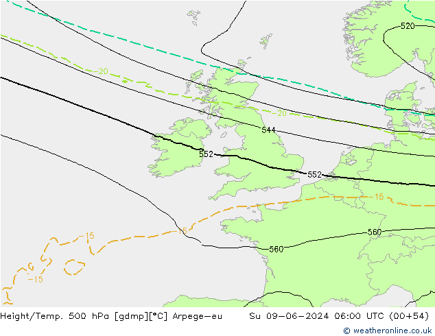 Hoogte/Temp. 500 hPa Arpege-eu zo 09.06.2024 06 UTC