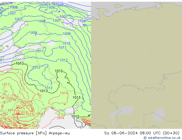 Presión superficial Arpege-eu sáb 08.06.2024 06 UTC