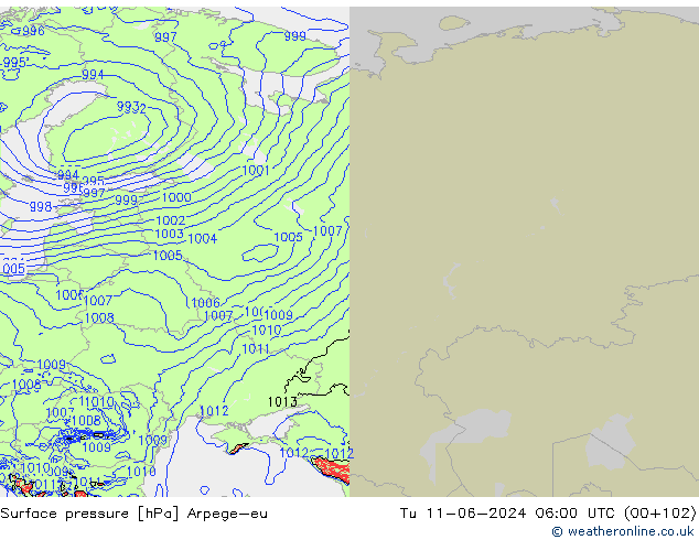 Atmosférický tlak Arpege-eu Út 11.06.2024 06 UTC