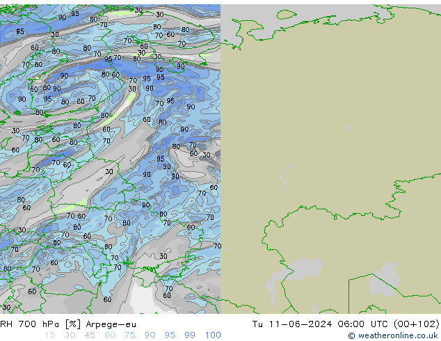 RH 700 hPa Arpege-eu Tu 11.06.2024 06 UTC