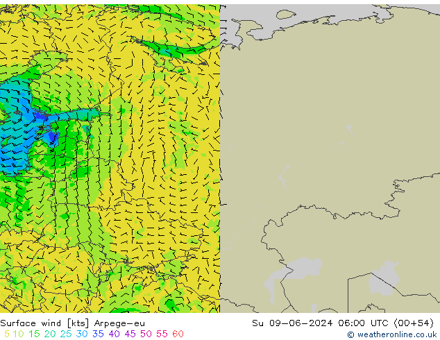 Rüzgar 10 m Arpege-eu Paz 09.06.2024 06 UTC