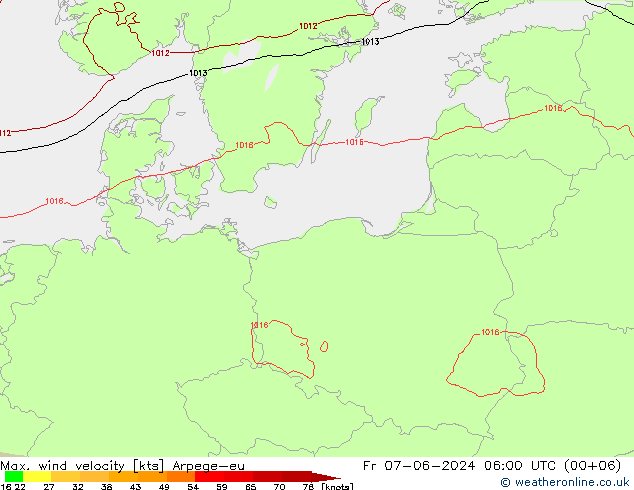 Max. wind velocity Arpege-eu Fr 07.06.2024 06 UTC