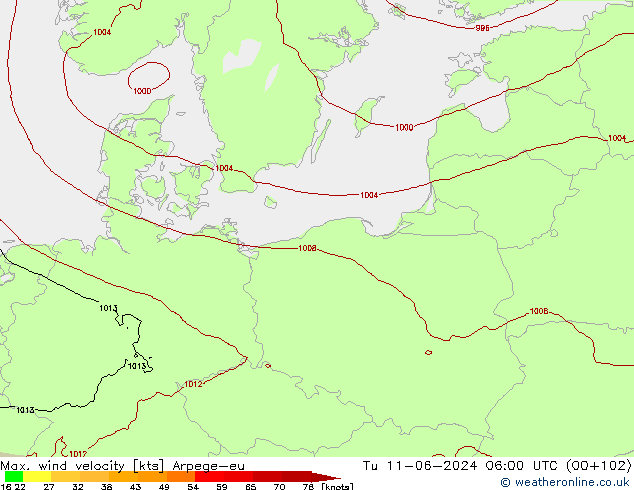 Max. wind velocity Arpege-eu mar 11.06.2024 06 UTC