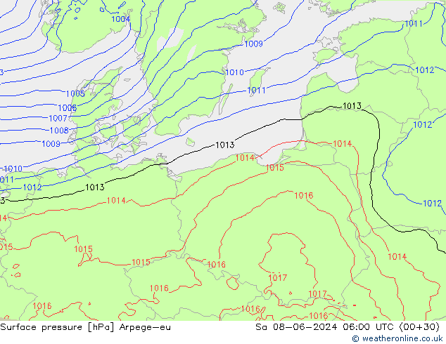 Atmosférický tlak Arpege-eu So 08.06.2024 06 UTC