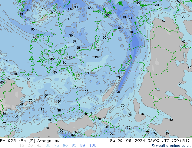 RH 925 hPa Arpege-eu Ne 09.06.2024 03 UTC