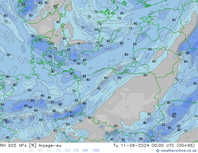 Humidité rel. 925 hPa Arpege-eu mar 11.06.2024 00 UTC