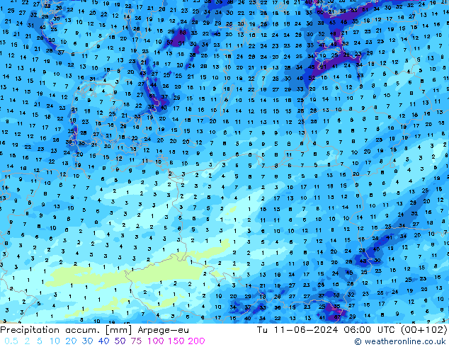 Précipitation accum. Arpege-eu mar 11.06.2024 06 UTC