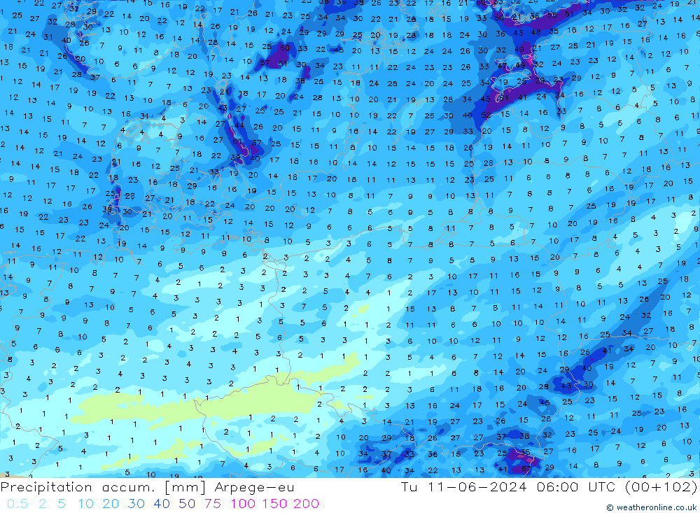 Precipitation accum. Arpege-eu вт 11.06.2024 06 UTC