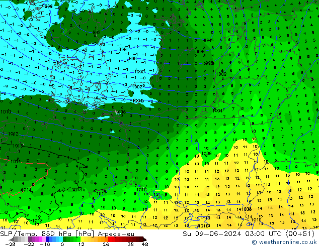 SLP/Temp. 850 hPa Arpege-eu Ne 09.06.2024 03 UTC