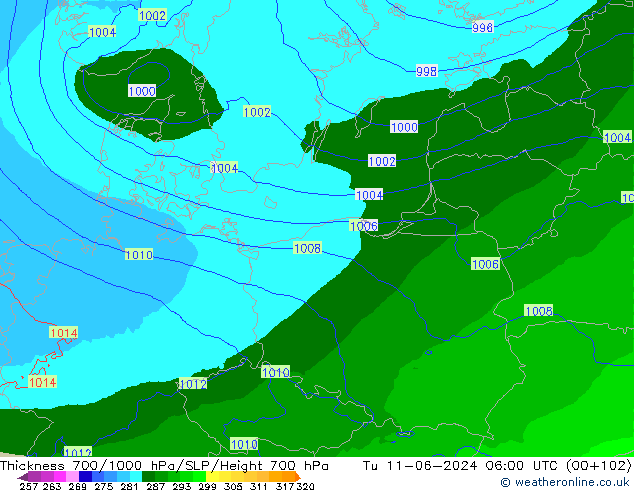 Dikte700-1000 hPa Arpege-eu di 11.06.2024 06 UTC