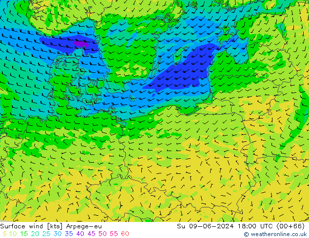Vento 10 m Arpege-eu dom 09.06.2024 18 UTC