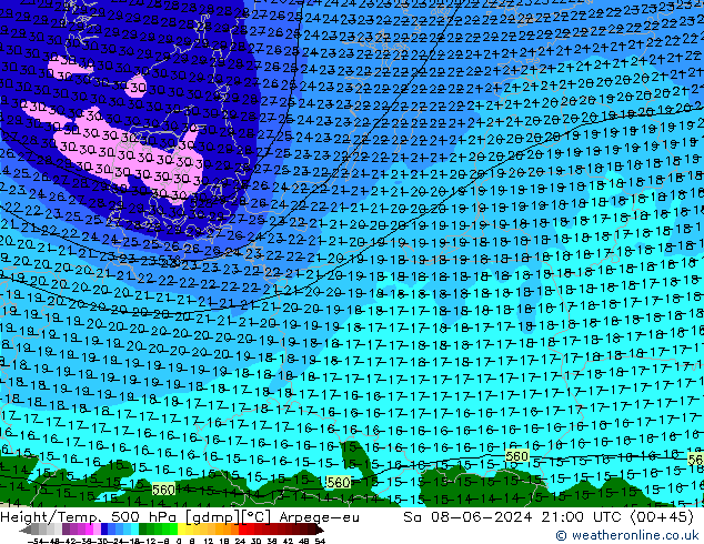 Height/Temp. 500 hPa Arpege-eu so. 08.06.2024 21 UTC