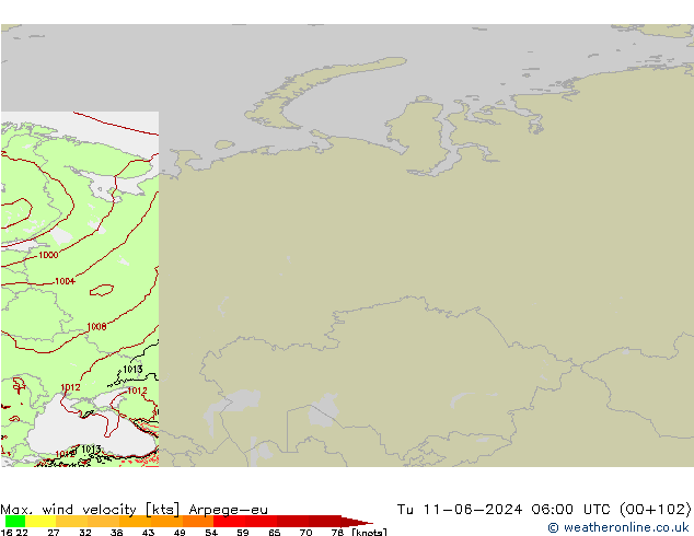 Max. wind velocity Arpege-eu Tu 11.06.2024 06 UTC