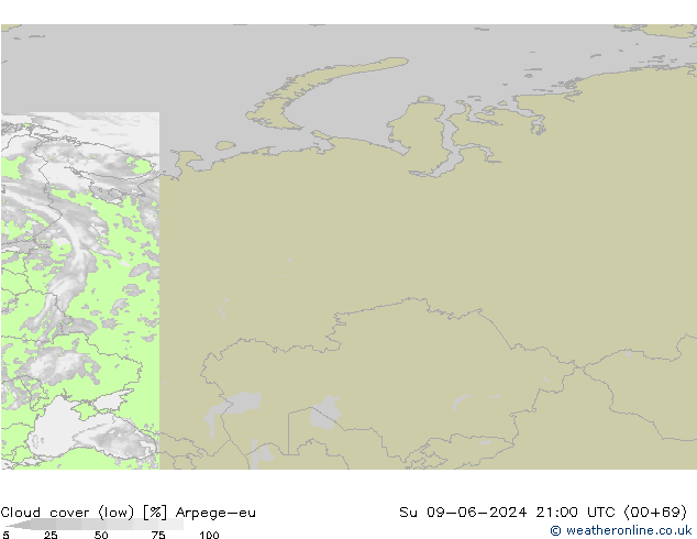 Cloud cover (low) Arpege-eu Su 09.06.2024 21 UTC