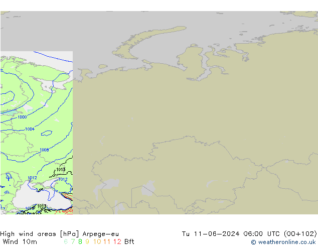 High wind areas Arpege-eu mar 11.06.2024 06 UTC