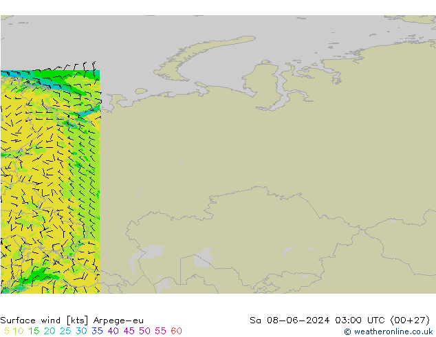 Vento 10 m Arpege-eu sab 08.06.2024 03 UTC