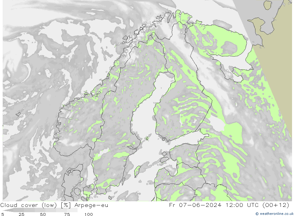 Cloud cover (low) Arpege-eu Fr 07.06.2024 12 UTC