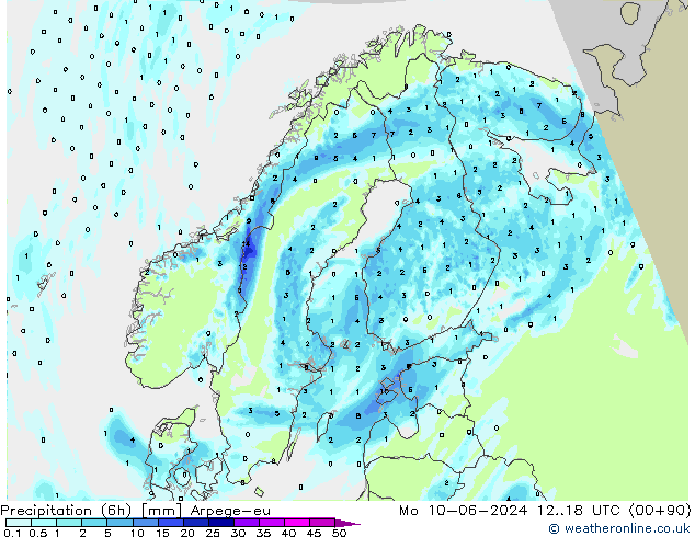 Précipitation (6h) Arpege-eu lun 10.06.2024 18 UTC