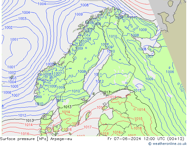 Pressione al suolo Arpege-eu ven 07.06.2024 12 UTC