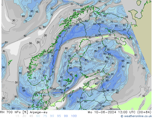 RH 700 hPa Arpege-eu Mo 10.06.2024 12 UTC