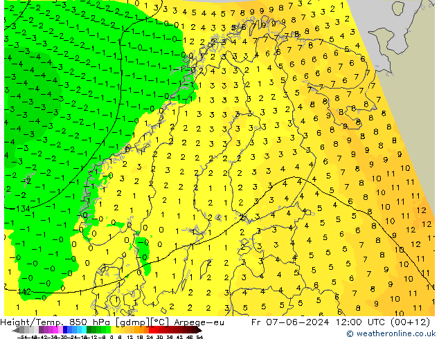 Height/Temp. 850 hPa Arpege-eu Fr 07.06.2024 12 UTC