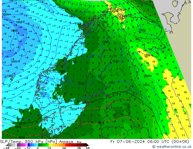 SLP/Temp. 850 hPa Arpege-eu vie 07.06.2024 06 UTC