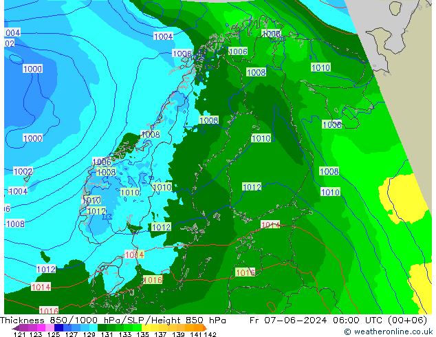 Schichtdicke 850-1000 hPa Arpege-eu Fr 07.06.2024 06 UTC