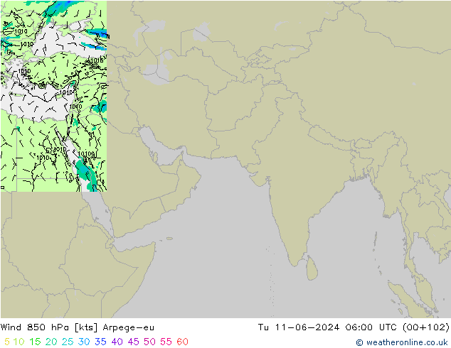 Wind 850 hPa Arpege-eu Út 11.06.2024 06 UTC