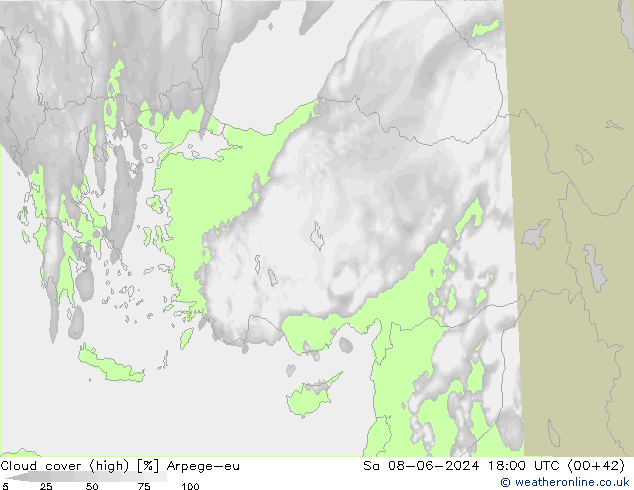 Cloud cover (high) Arpege-eu Sa 08.06.2024 18 UTC